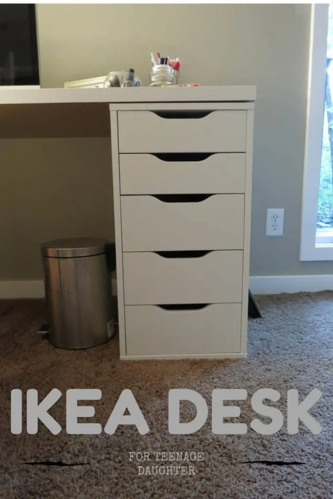 The right side of the Ikea desk showing the Alex drawers.