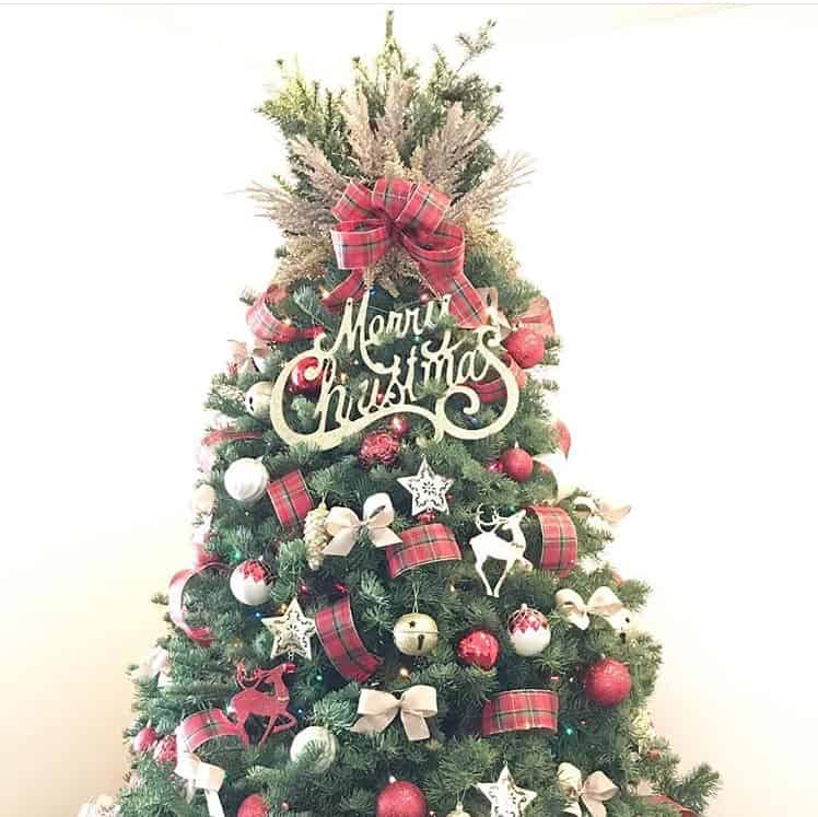 A Christmas Tree with plaid ribbon and a large "Merry Christmas" ornament near the top.