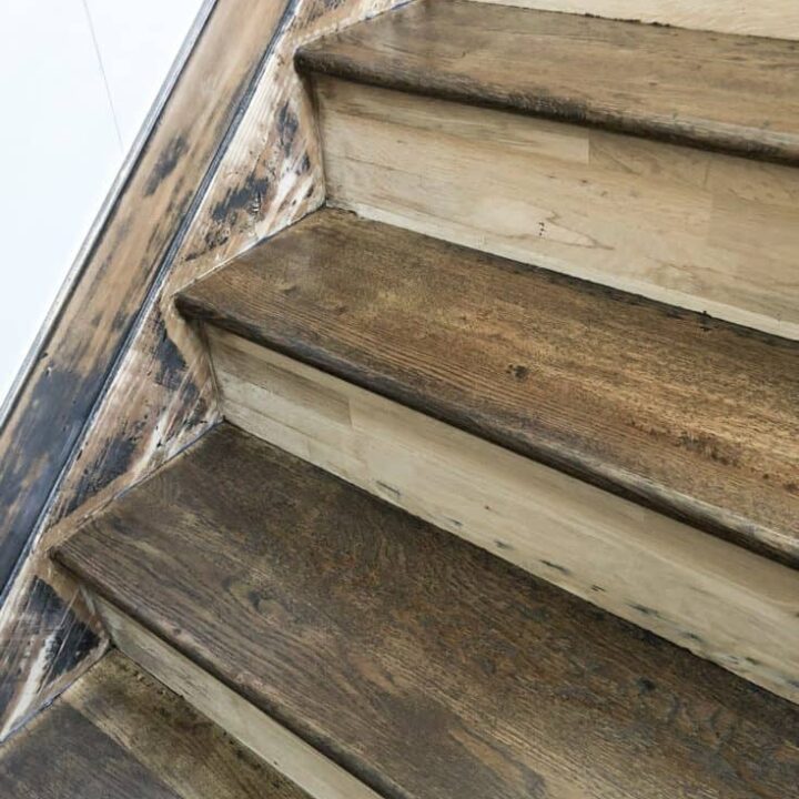 The next step was to choose stain and get started, that went really well. Then came the poly......and that took forever to dry! But it's all done now and I can't wait to share my process on how to refinish stairs.