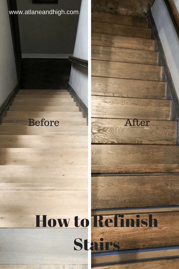 A side by side of sanded stairs and stained stairs, how to refinish stairs pin for Pinterest.