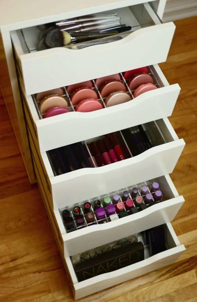 IKEA Alex drawers with makeup organized perfectly inside.