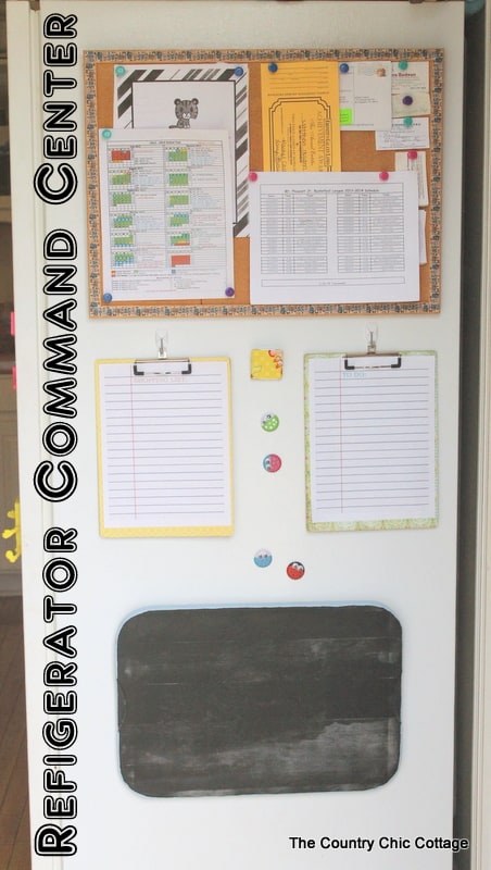 A command center on the side of the fridge with a cork board and clipboards for lists and magnets.