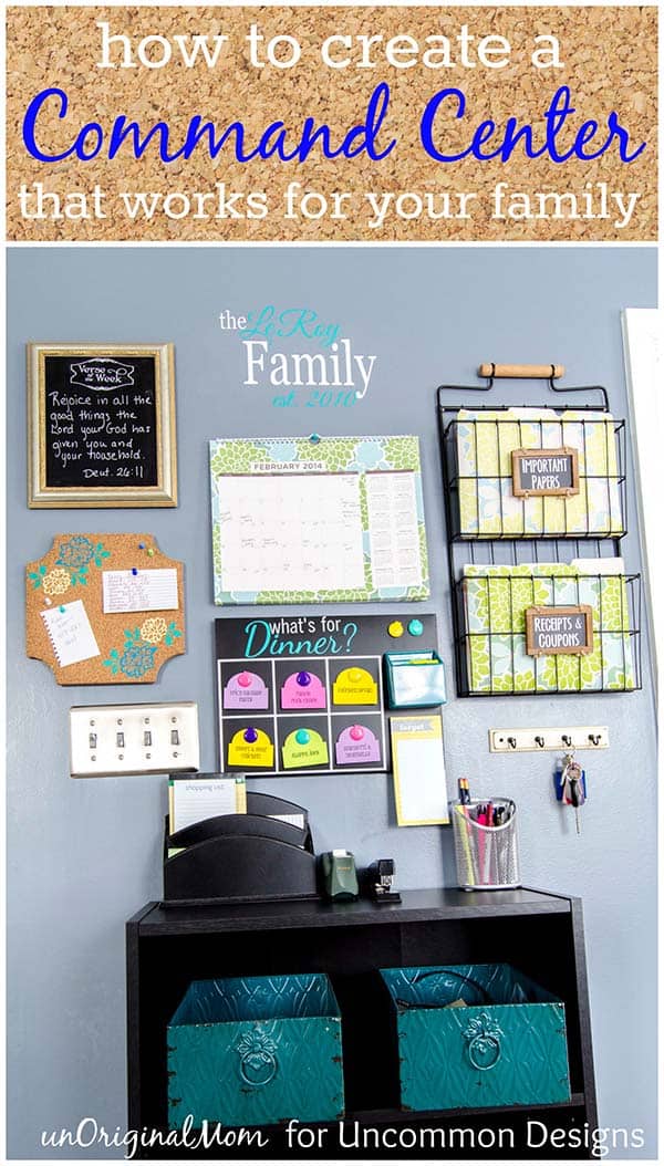 A command center with hanging wire baskets, a calendar a cork board a spot for keys and a dinner menu.