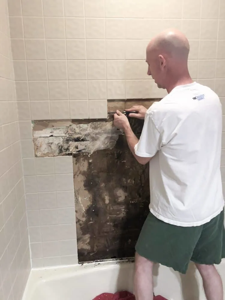My husband is removing the tile in the show4er and showing the moist wall underneath.