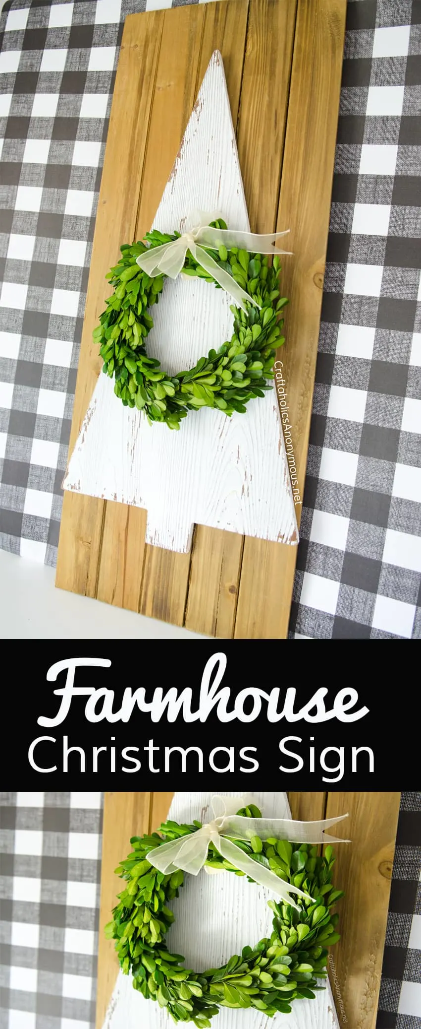 Farmhouse Christmas sign with a tree and a wreath on it