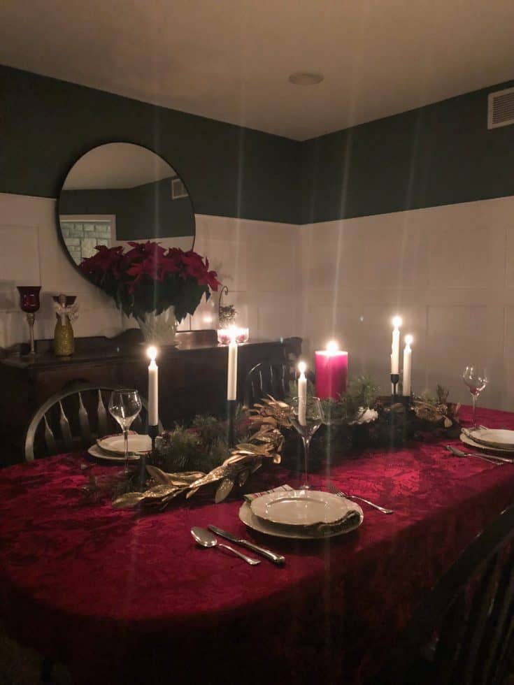 A view of the table with candles lit.