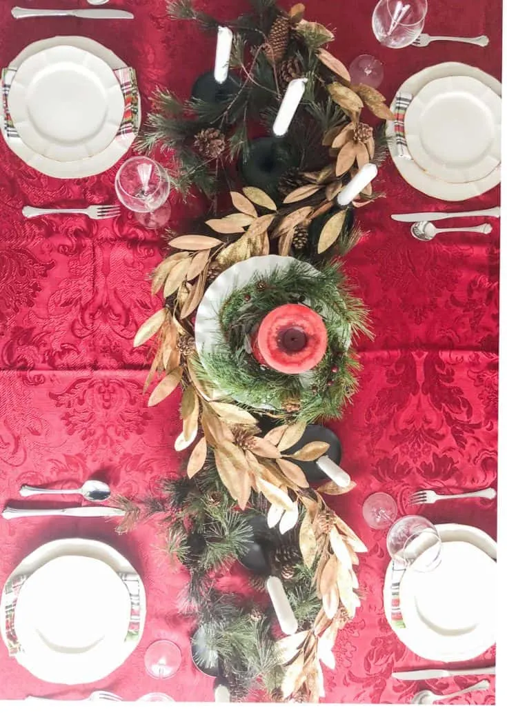 A view of my table from above with a great view of how the green and gold garlands go together on the table.