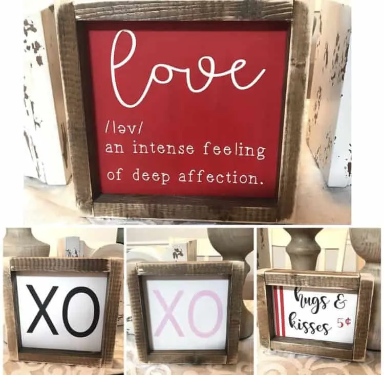 Farmhouse Signs with the work love, XO and hugs and kisses.