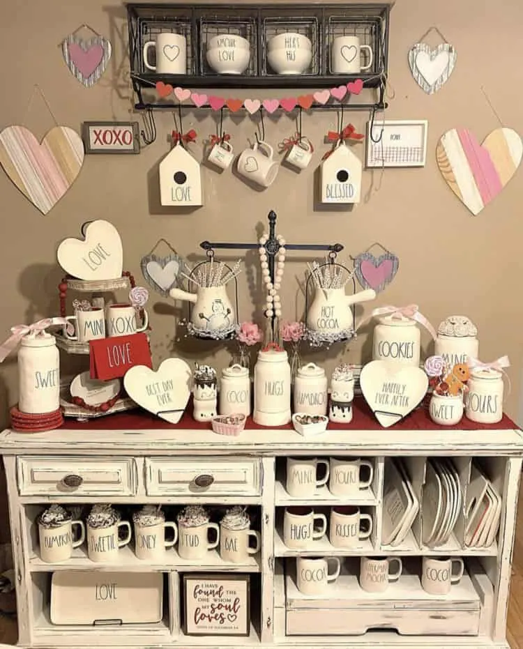 This is an amazing display of Valentines Rae Dunn pottery.