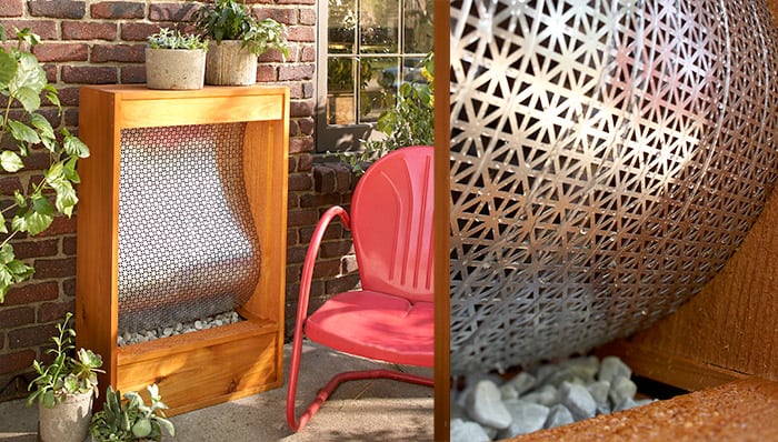 A water feature for your patio using metal radiator cover mesh and wood.