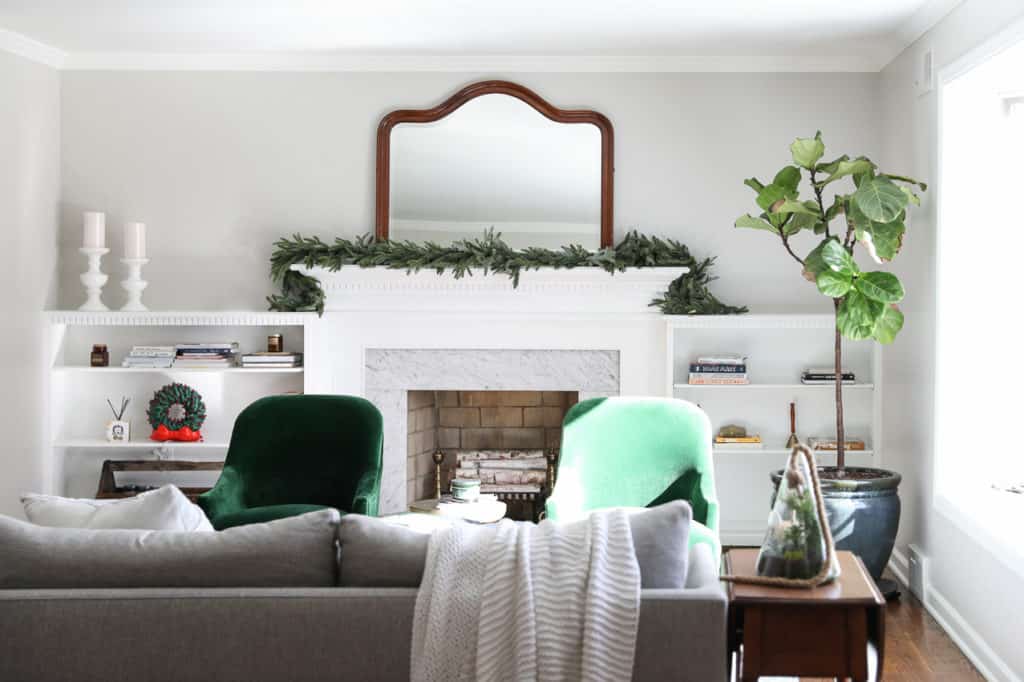 This is a family room shot with the greige paint color agreeable gray by Sherwin Williams.