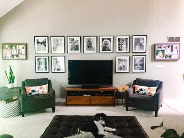 A full view of the gallery wall and my Mom's dog lounging on the ottoman.