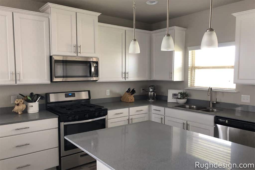 A kitchen painted with Sherwin Williams Agreeable Gray.