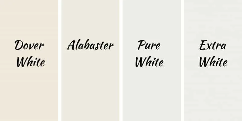 This is a side by side comparison of 4 white colors from Sherwin Williams, Dover White, Alabaster, Pure White, and Extra White.