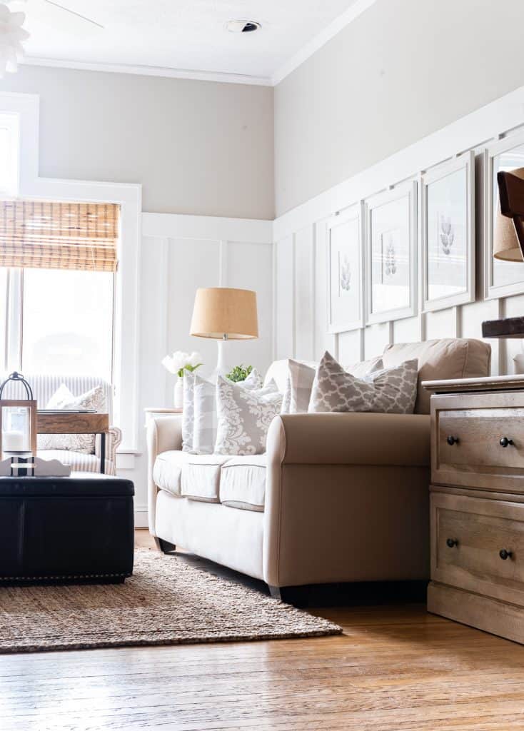 A family room painted with Sherwin Williams Agreeable Gray.