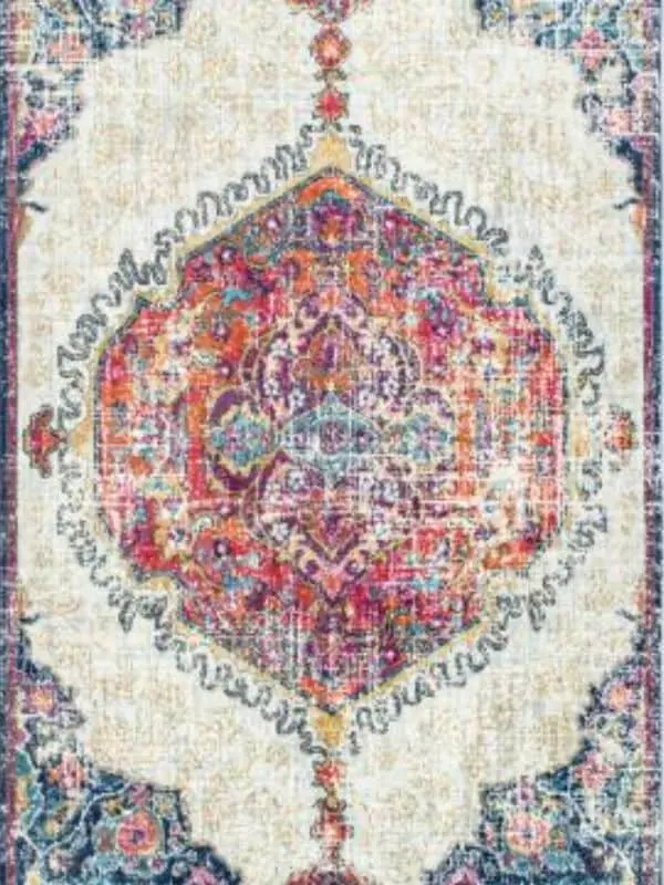 A bobo type rug with a large medalion pattern.