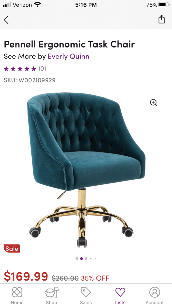 The teal desk chair with a gold base I will use at my vintage desk.