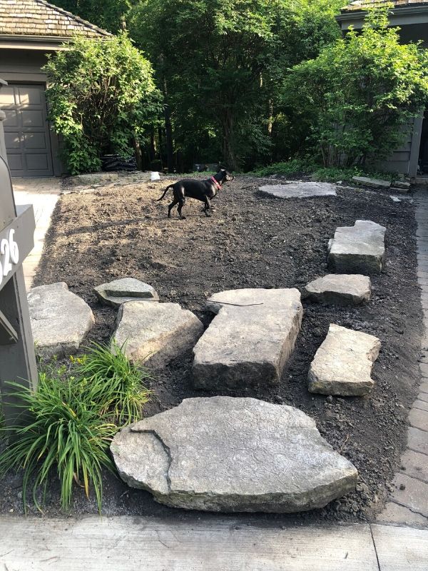 A progress shot of all the stones in place after we have leveled off the dirt, with my dog in the middle.