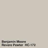 A paint chip of Benjamin Moore Revere Pewter in the shape of a square.