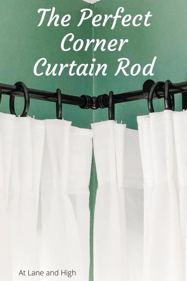 A pin for Pinterest showing a corner curtain rod.