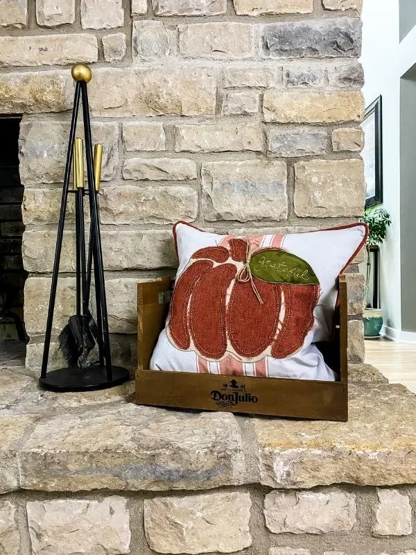 A fall pillow that is white with  an orange pumpkin on it.