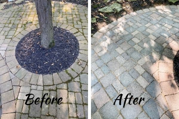 A before and after picture showing how dirty my patio pavers were and how clean they came after power washing and adding interlocking sand.