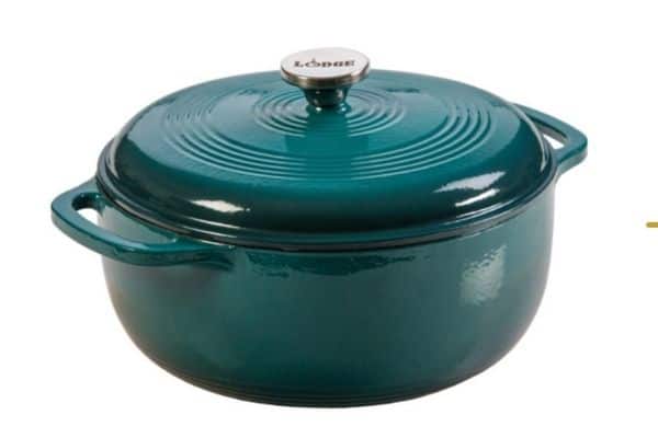 A teal dutch oven from Lodge.