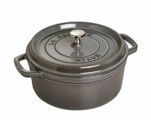 A Staub Dutch Oven in the color gray.