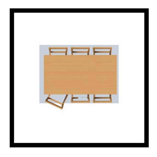 A drawing of a rectangular table with a too small rug.