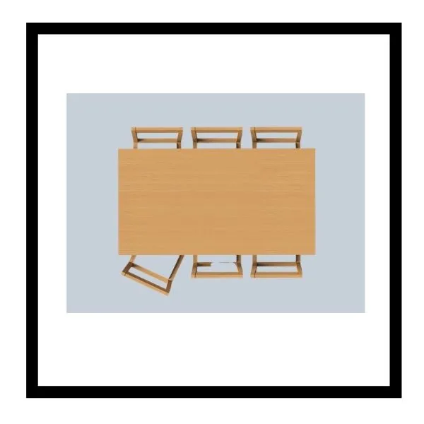 A drawing of a rectangular table and chairs with an appropriate sized rug.