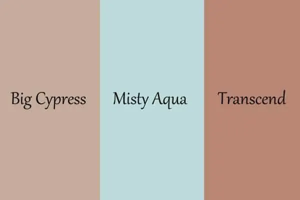 Paint Samples of PPG's Big Cypress, Misty Aqua, and Transcend.
