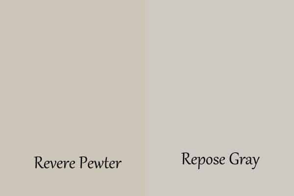 A side by side comparison of Revere Pewter and Repose Gray.