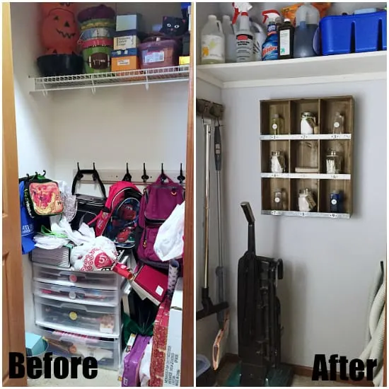 Cleaning supplies organized before and after in a closet.