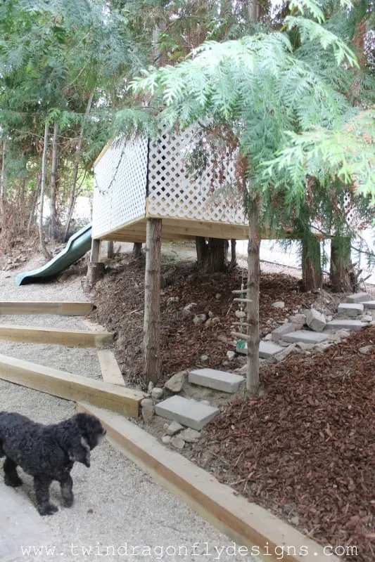 A tree house with a slide.