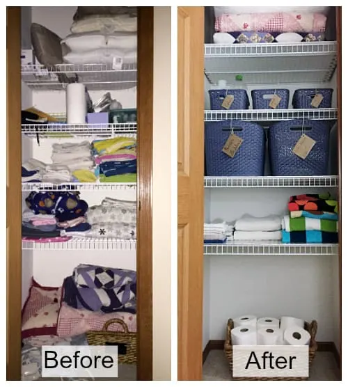 A side by side of a linen closet before organization and after.