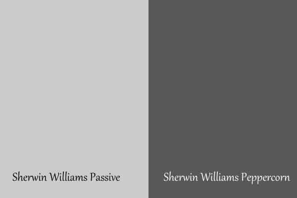 A side by side of Passive and the darker color Sherwin Williams Peppercorn.