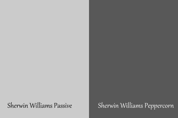 A side by side of Passive and the darker color Sherwin Williams Peppercorn.