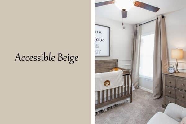 This is a side by side with a paint swatch on the left and a nursery on the right with accessible beige on the walls.