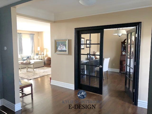 Stone House on the walls of an entryway with black glass doors to an office and white trim with dark hardwood floors.