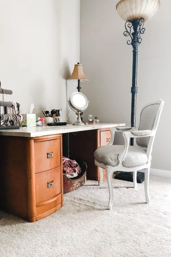 This shows the wood nightstands and wood top with the french chair I made over.