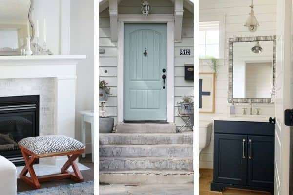 Three images of farmhouse paint colors in a family room, a front door and a powder room.