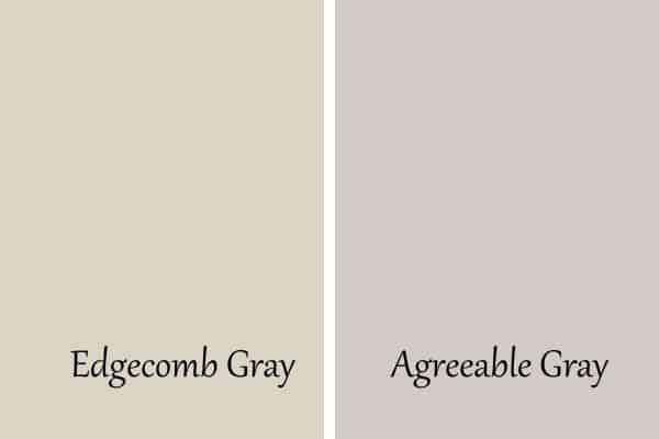 This is a side by side color comparison of Edgecomb Gray and Agreeable Gray.