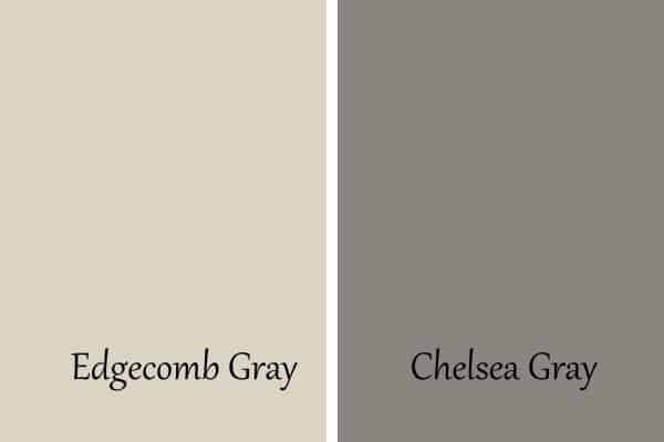 This is a side by side comparison of Edgecomb Gray and Chelsea Gray.