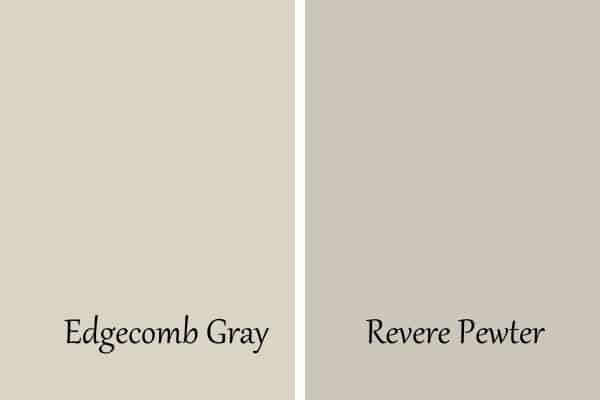 This is a side by side comparison of Edgecomb Gray and Revere Pewter.