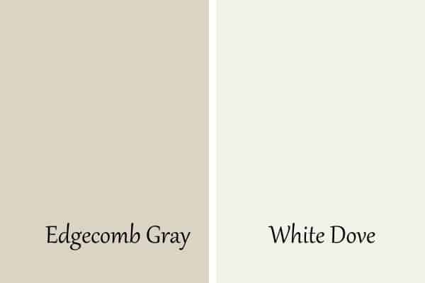 This is a side by side color swatch of Edgecomb Gray and White Dove.