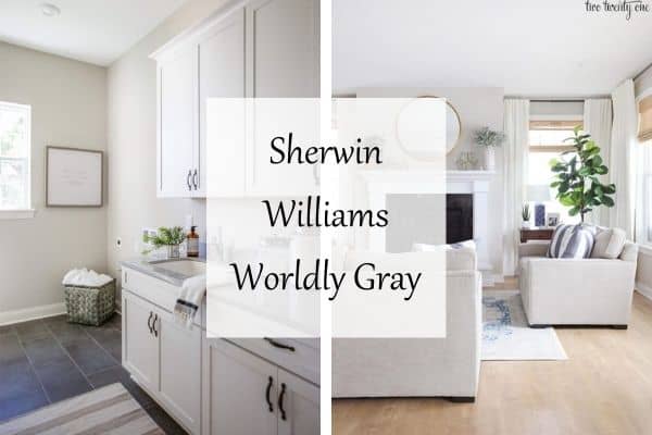 A laundry room and family room showcasing Worldly Gray.