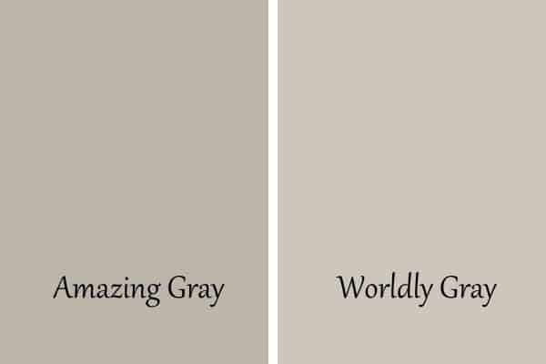 This is a side by side swatch of Amazing Gray and Worldly Gray.