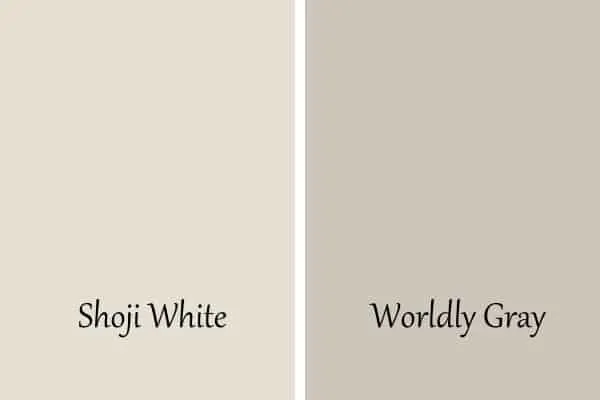 This is a side by side of Shoji White and Worldly Gray.