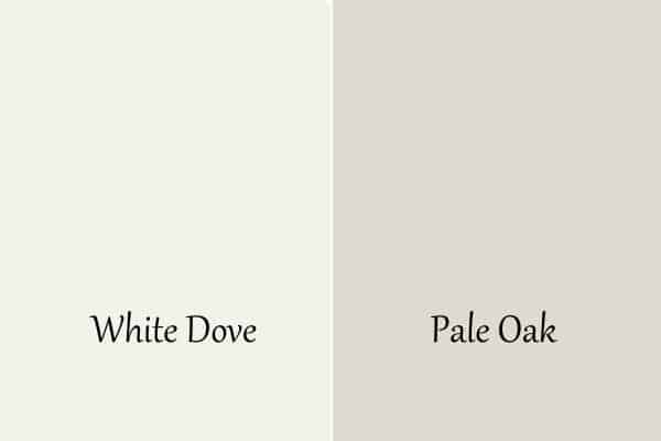 This is a side by side of White Dove and Pale Oak.