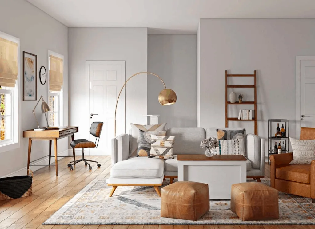 This living room has Gray Owl on the walls and the furniture has lots of white, gray and medium brown tones.